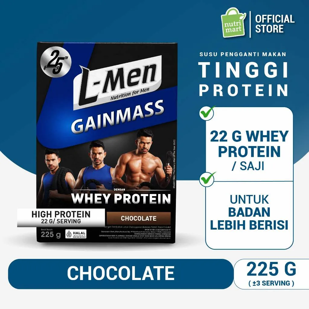 L-Men Gain Mass Chocolate 225g - Improved Formula 22g Protein/Serving - 3-4 Serving - Dilengkapi BCAA & Lebih Rendah Lemak