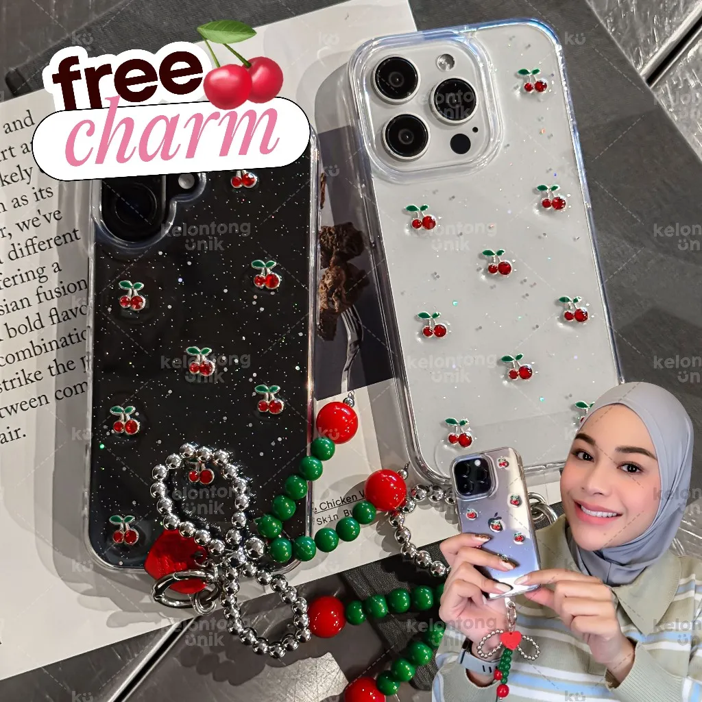 [FREE CHARM] KELONTONG UNIK | 3D Cherry Clear Glitter Case - Softcase/ Casing HP for iPhone 11 12 13 14 15 16 17 MINI PRO PROMAX PLUS ,CIGR