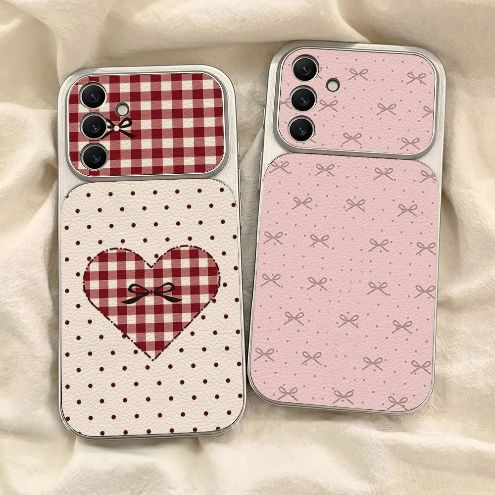 Heart-Shaped Polka Dots Casing hp Untuk Samsung A57 A37 A17 A07 A27 A06 A16 A56 A36 A53 A15 A55 A54 A52 A26 A05 A05S A14 A23 A24 A25 S24 S25 FE 4G 5G Luxury Matte Leather Textured Phone Case Softcase Kesing