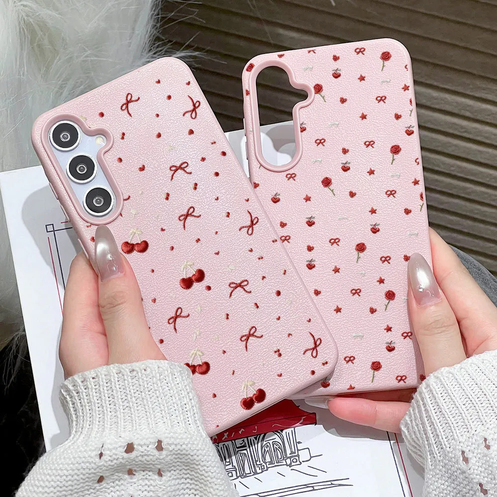 Cherry Phone Case Untuk Samsung S26 A57 A06 A17 A56 A55 A54 A16 A35 A34 A53 A36 A05S A07 A15 A26 S25 Ultra S24 FE S23 Casing Hp PU Leather SoftCase Shockproof FullCover