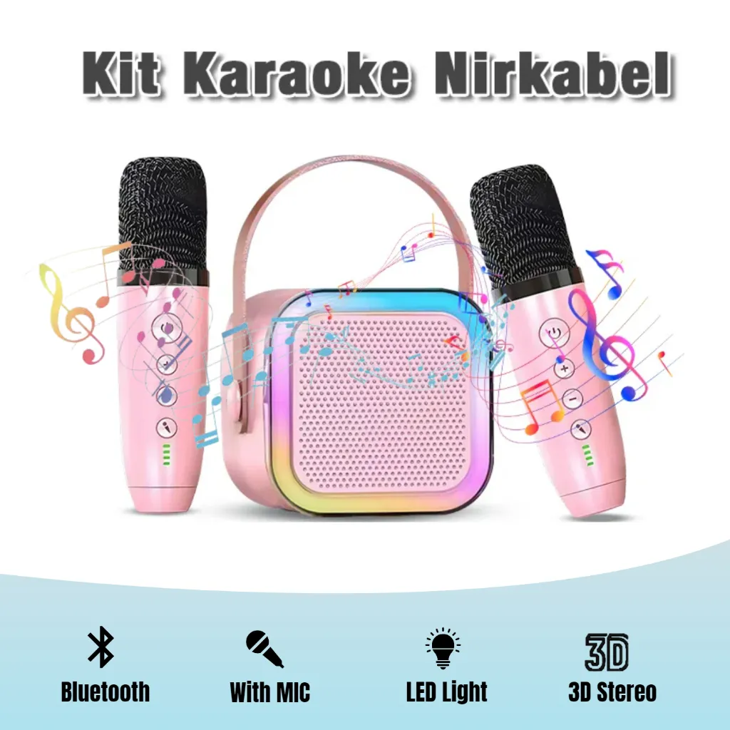 [COD] Mini Speaker Karaoke Wireless 2 Mic Set Salon Portable RGB Light 3D Stereo Bluetooth Speaker