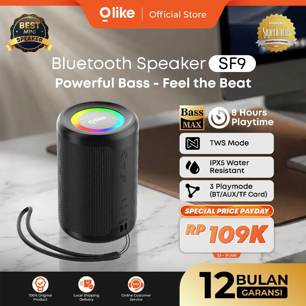 [BEST SELLING] Olike Speaker Bluetooth Super Bass SF9 Outdoor Mini Audio IPX5 Waterproof 8h Playtime LED Light Bluetooth 6.0 TWS Mode