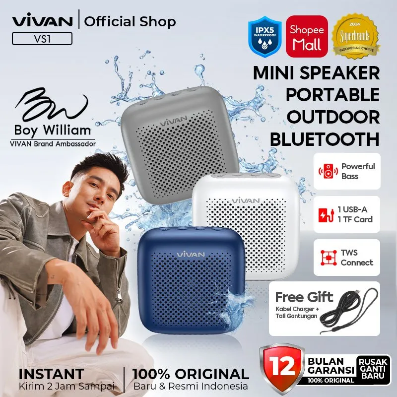 Speaker Bluetooth VIVAN VS1 Mini Wireless Audio Portable Mega Bass Waterproof IPX5 Hi-Fi