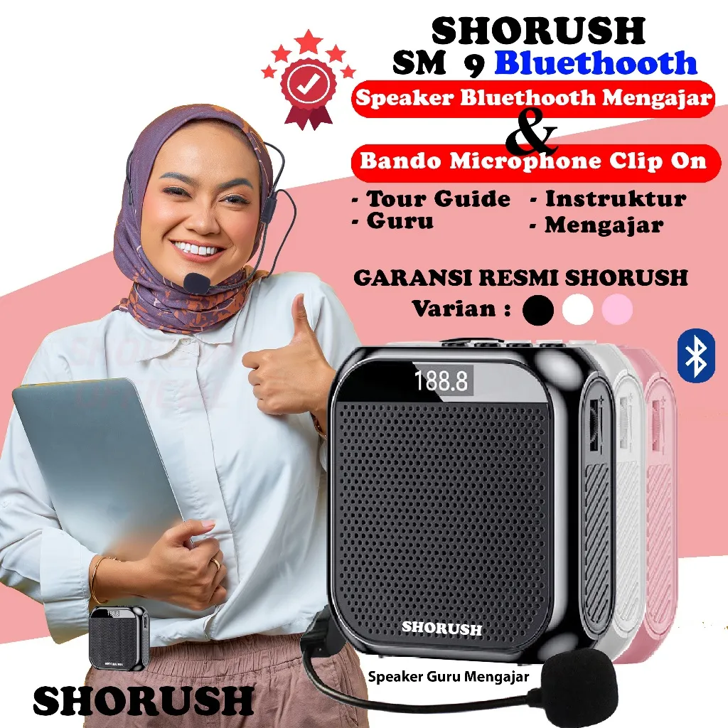 Shorush SM-9 Speaker Pinggang Portable Mini Bluethooth Dengan Microphone Mic Clip on Bando Pengeras Suara Untuk Guru Dosen Mengajar Instruktur TourGuide Presentasi Kegiatan Outdoor Seminar