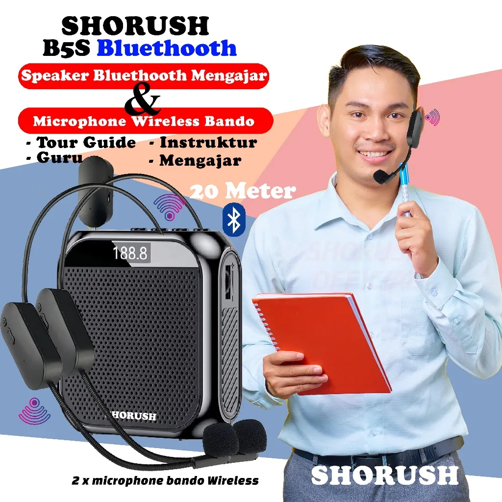 Shorush B4S / B5S Speaker Megaphone Pinggang Portable Mini Dengan Mic Wireless Bando Kepala Pengeras Suara Untuk Guru Dosen Mengajar Instruktur TourGuide Presentasi Kegiatan Outdoor Seminar
