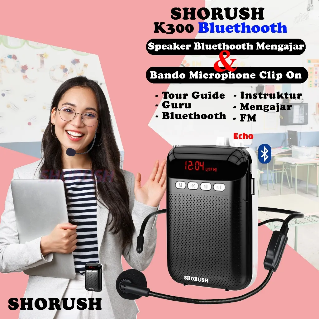 Shorush A102 S Speaker Pinggang Portable Mini Bluethooth dengan Microphone Mic Bando pengeras suara untuk Guru Dosen Mengajar instruktur tour guide Waistband megaphone presentasi kegiatan outdoor seminar rapat