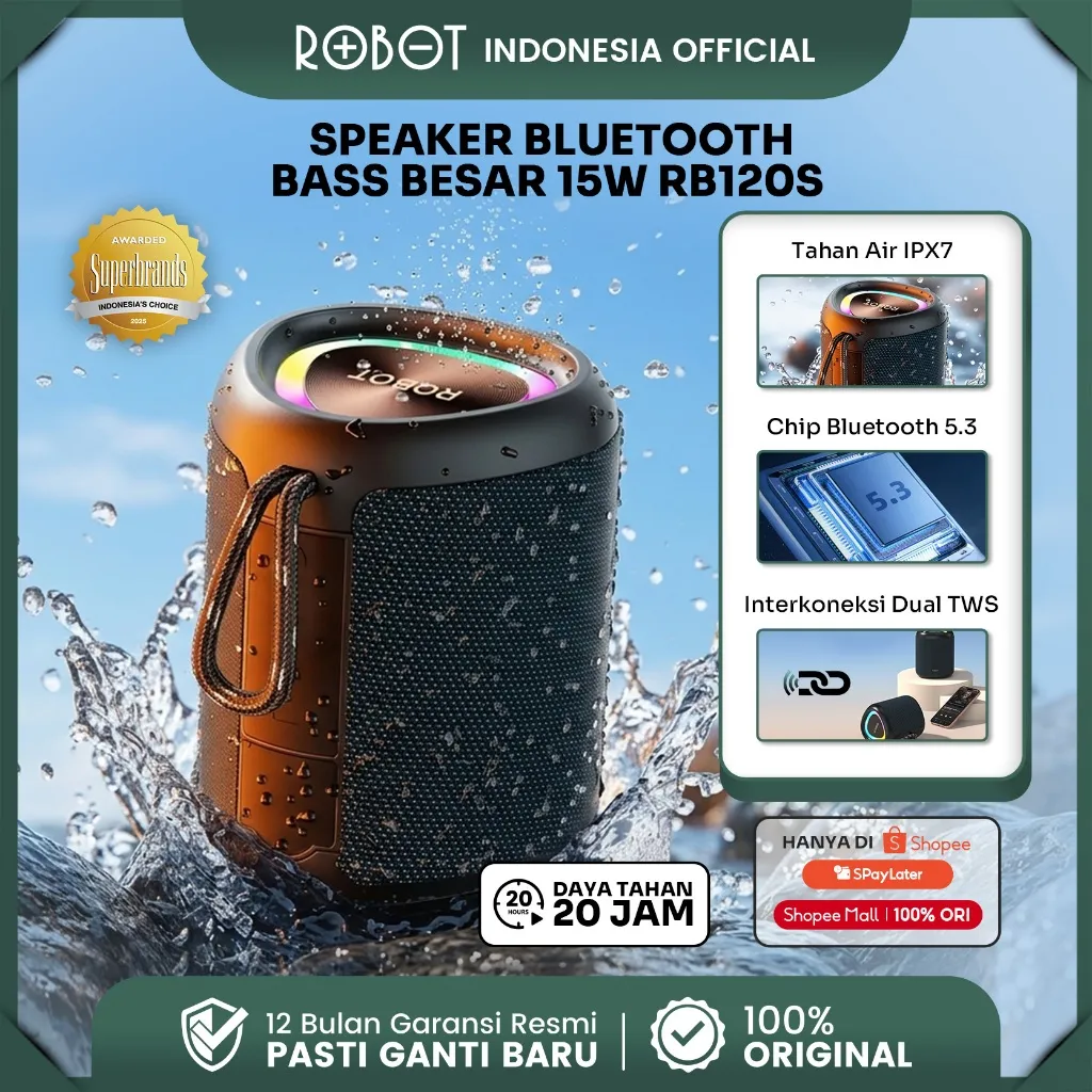 ROBOT Official Speaker Bluetooth Murah Full Bass 15W IPX7 Waterproof Super Bass 78mm RGB Light Speaker Portabel Speaker Mini Suara Kencang Bluetooth 5.3 Original - RB120S