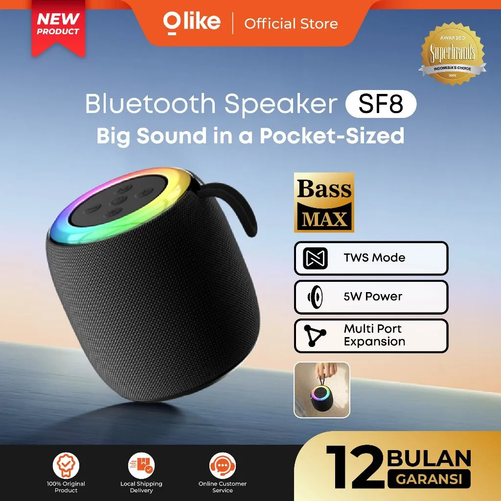 OLIKE Bluetooth Speaker SF8 5W Bass TWS Bluetooth 6.0 | Portable Speaker LED Ambient Light | IPX4 Tahan Air | 5 Jam Playtime | Mini Speaker Outdoor