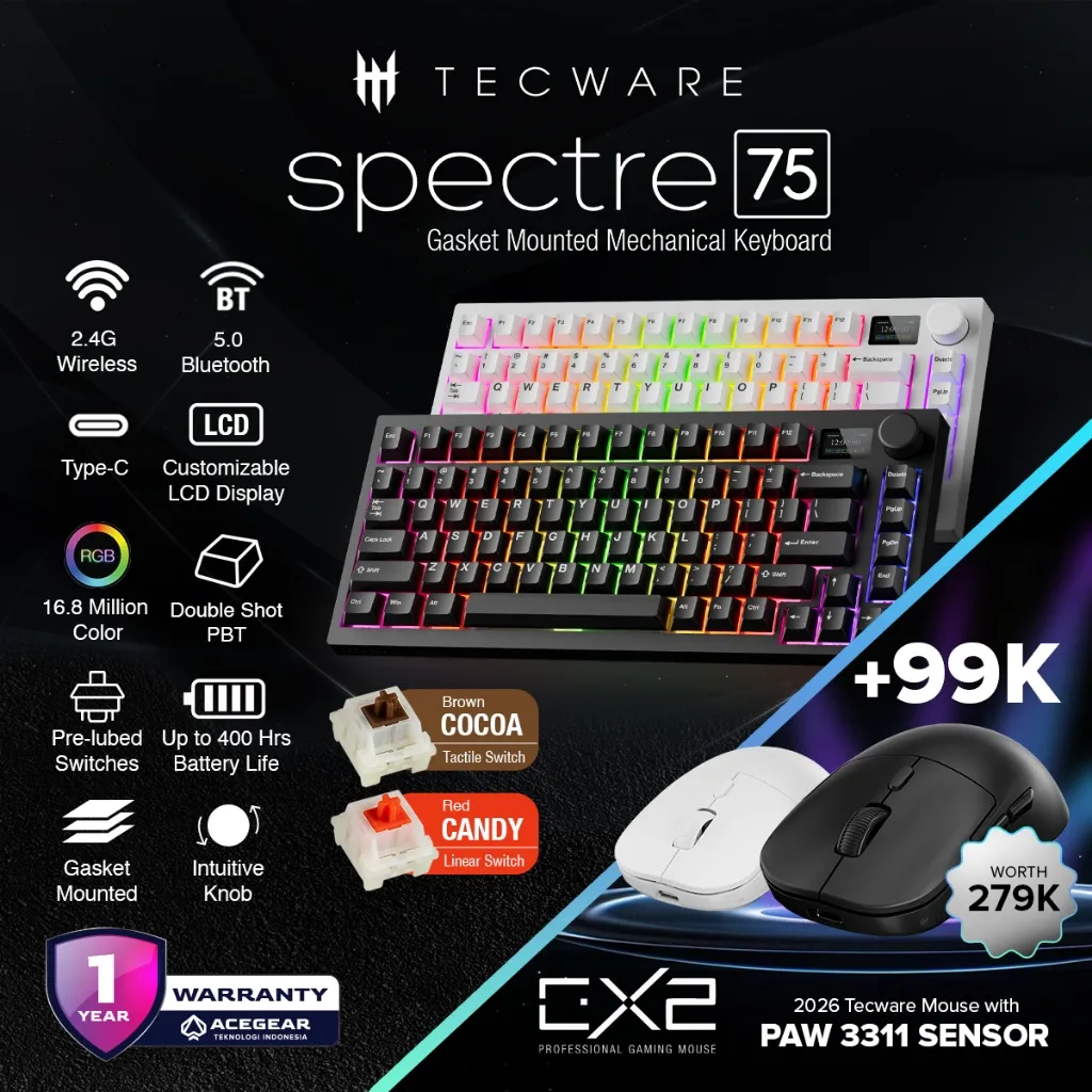 TECWARE SPECTRE 75 3-Mode gasket mounted wireless gaming keyboard w/LCD and Knob