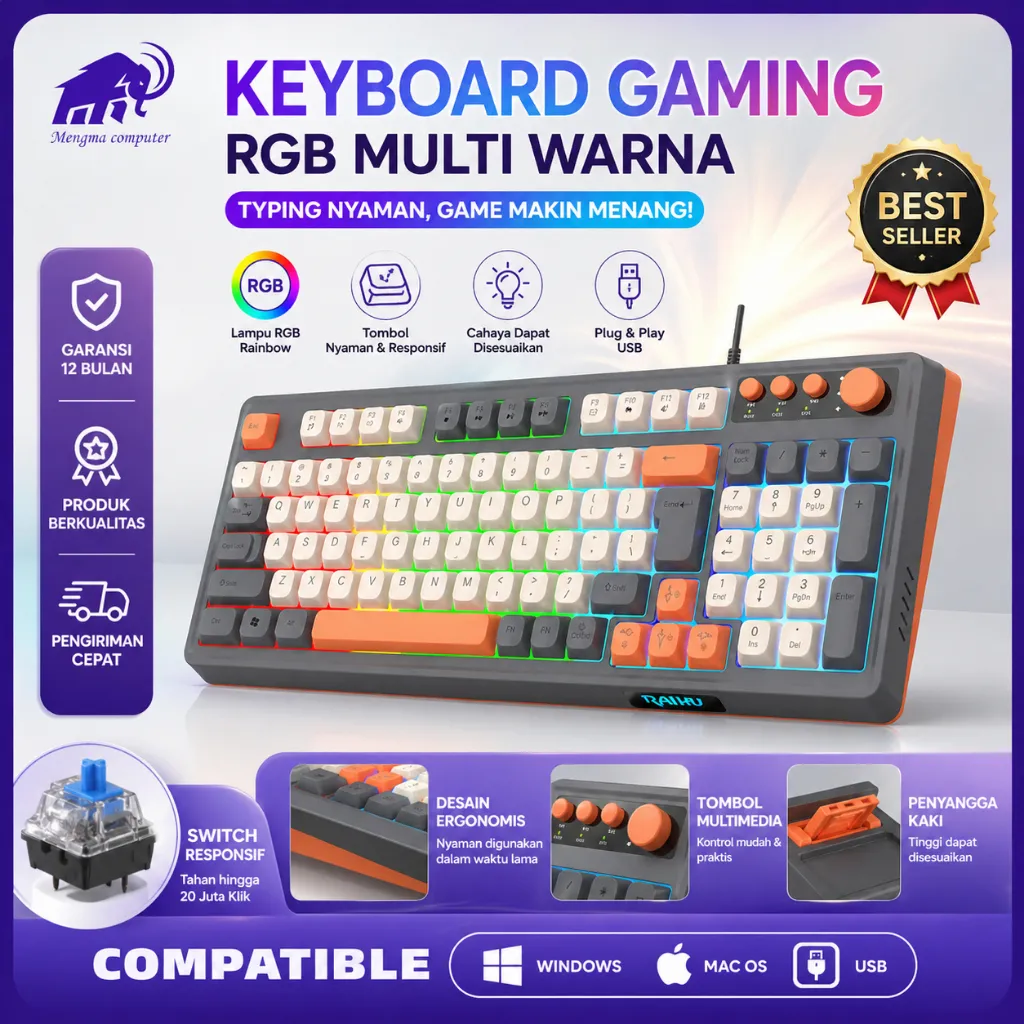 MA Set Keyboard Gaming K98 E-sports Jerman dengan Kabel, Switch Coklat, Senyap, Sensasi Mekanis, dan Nirkabel.