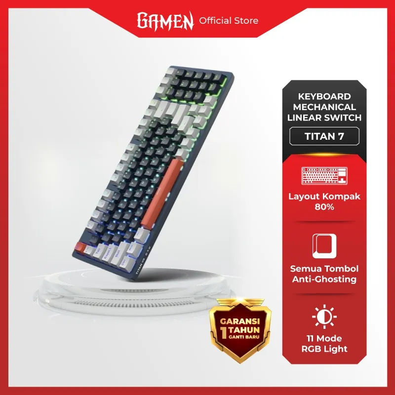 GAMEN Titan 7 Blue White Keyboard Gaming Mechanical Ergonomic Keycaps RGB Linear Switch 94 Keys Original Cocok untuk kerja dan Gaming