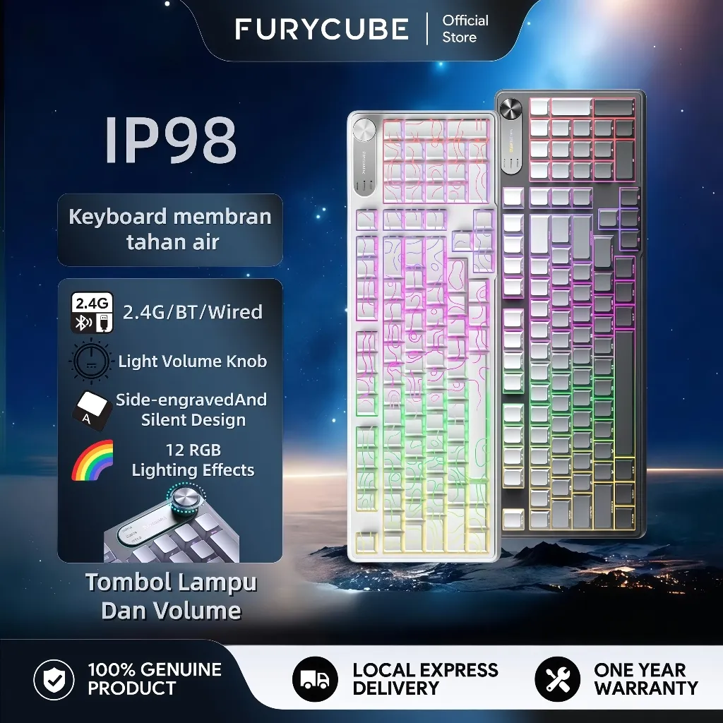 FURYCUBE IP98 Gaming Membrane Keyboard For Office Mute RGB Kibot Mechanical Feel 90% Layout Keyboard Creamy Keyboard