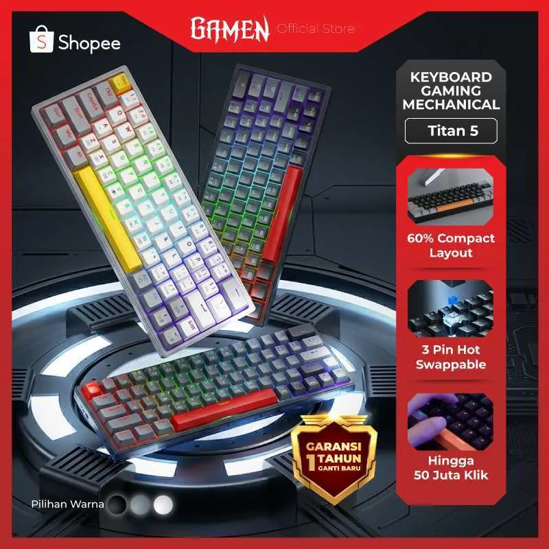 GAMEN Titan 5 Keyboard Mechanical Gaming 60% – Hot-Swappable, RGB Light, Full Anti-Ghosting, Switch Tactile Responsif, Desain Compact untuk PC/Laptop – Keyboard Mekanik Gaming Terbaik