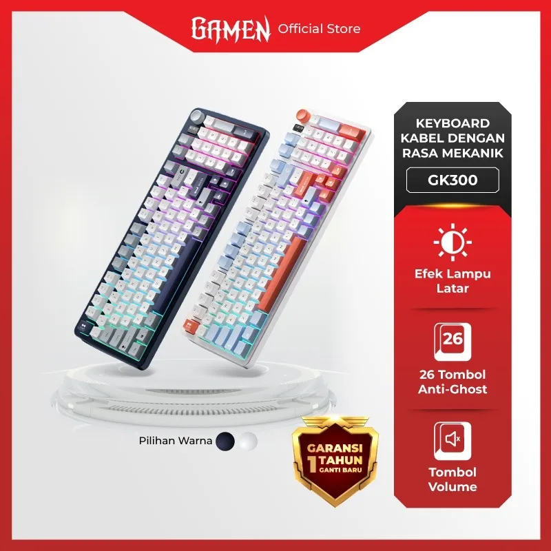 GAMEN Keyboard Gaming Membrane GK300 Mengetik Seperti Mechanical, Key Travel Nyaman, Tahan Lama, Desain Elegan untuk PC/Laptop – Original