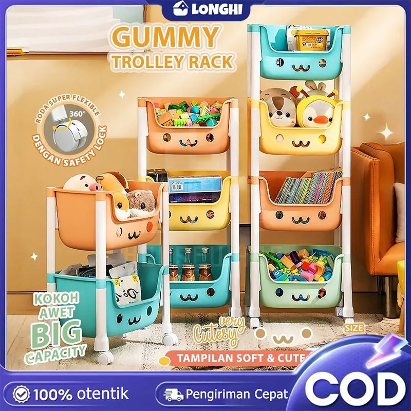 Rak Troli Susun Macaron Rak Dapur Serbaguna Rak Mainan Anak Pastel Rak Penyimpanan Buku Serbaguna dengan Roda