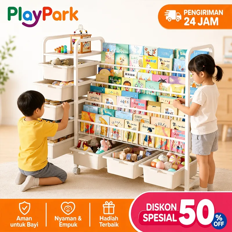 PlayPar kRak Buku Anak Rak Buku Cerita Anak Rak Majalah Mainan Serbaguna Dengan Roda Untuk Kamar Anak