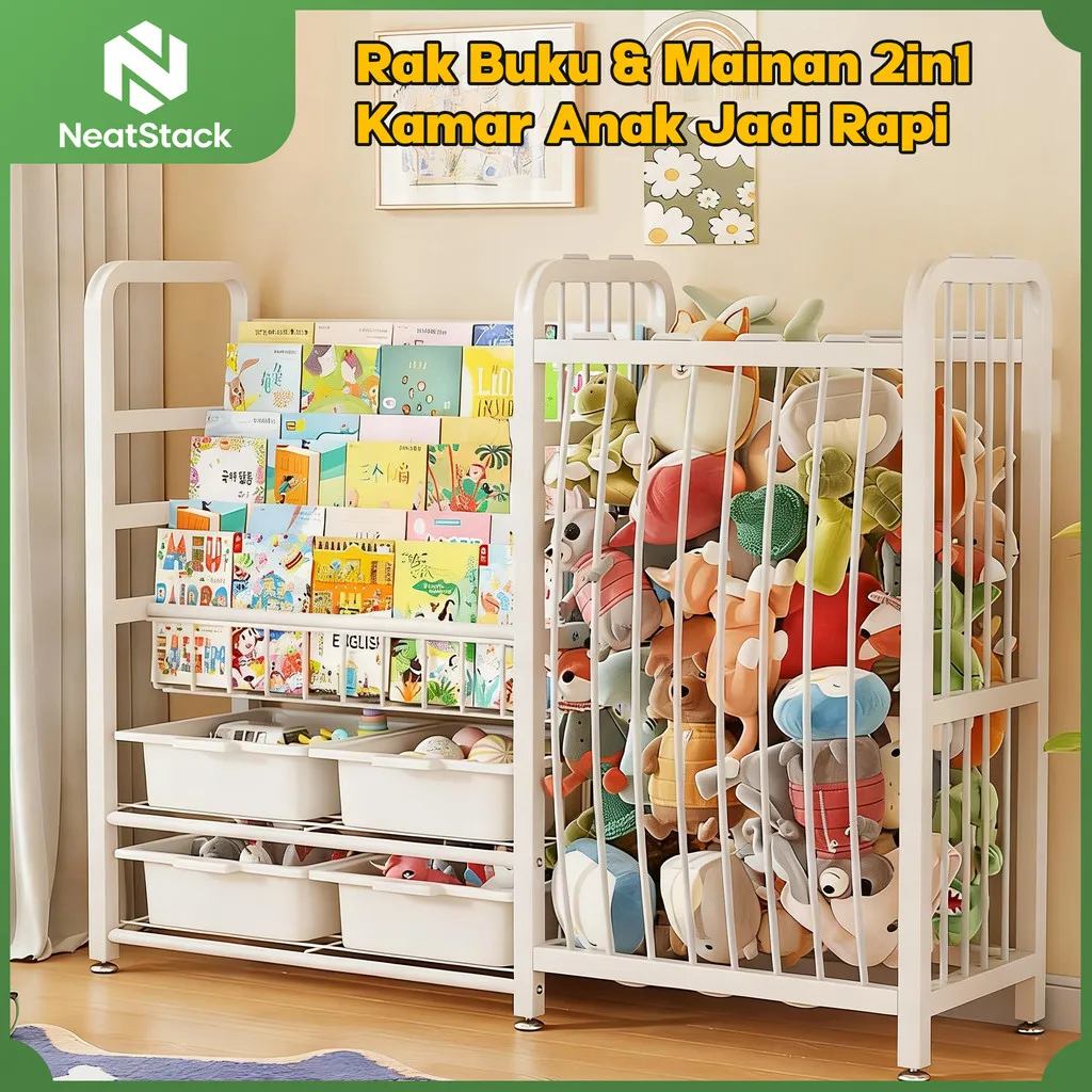 NeatStack Rak Buku & Mainan 2in1 Serbaguna | Rak Buku + Lemari Boneka + Kotak Penyimpanan, Tahan Lama & Hemat Tempat untuk Kamar Anak