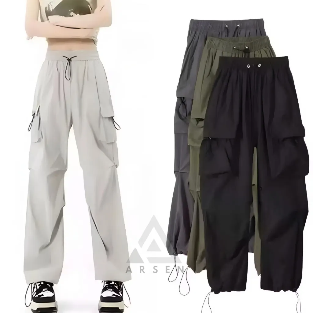 Celana Cargo Wanita Hihhwaist Loose Pants Korean Stail - Celana Gunung Tali Serut