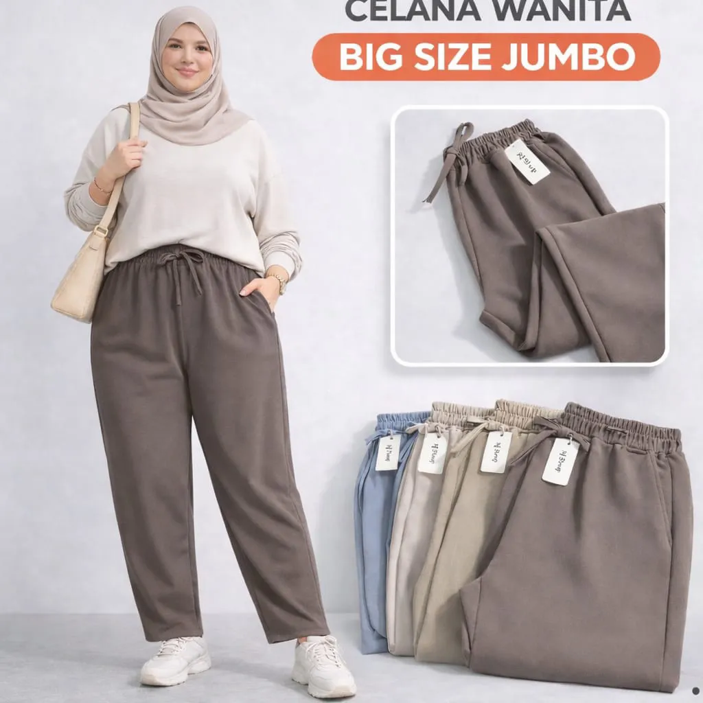 Celana Wanita Jumbo Big Size XXXL 60-100kg Baggy Pants Panjang Karet Pinggang Stretch Celana Santai Harian Korea