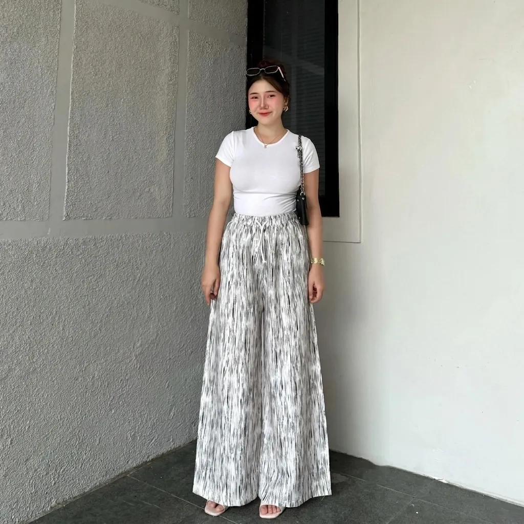 Everyday Pants - Motif Abstrak - Celana Panjang Wanita Baggy Kantor Kuliah - Kulot Pinstripe - Celana Formal Casual Wanita Loose Basic