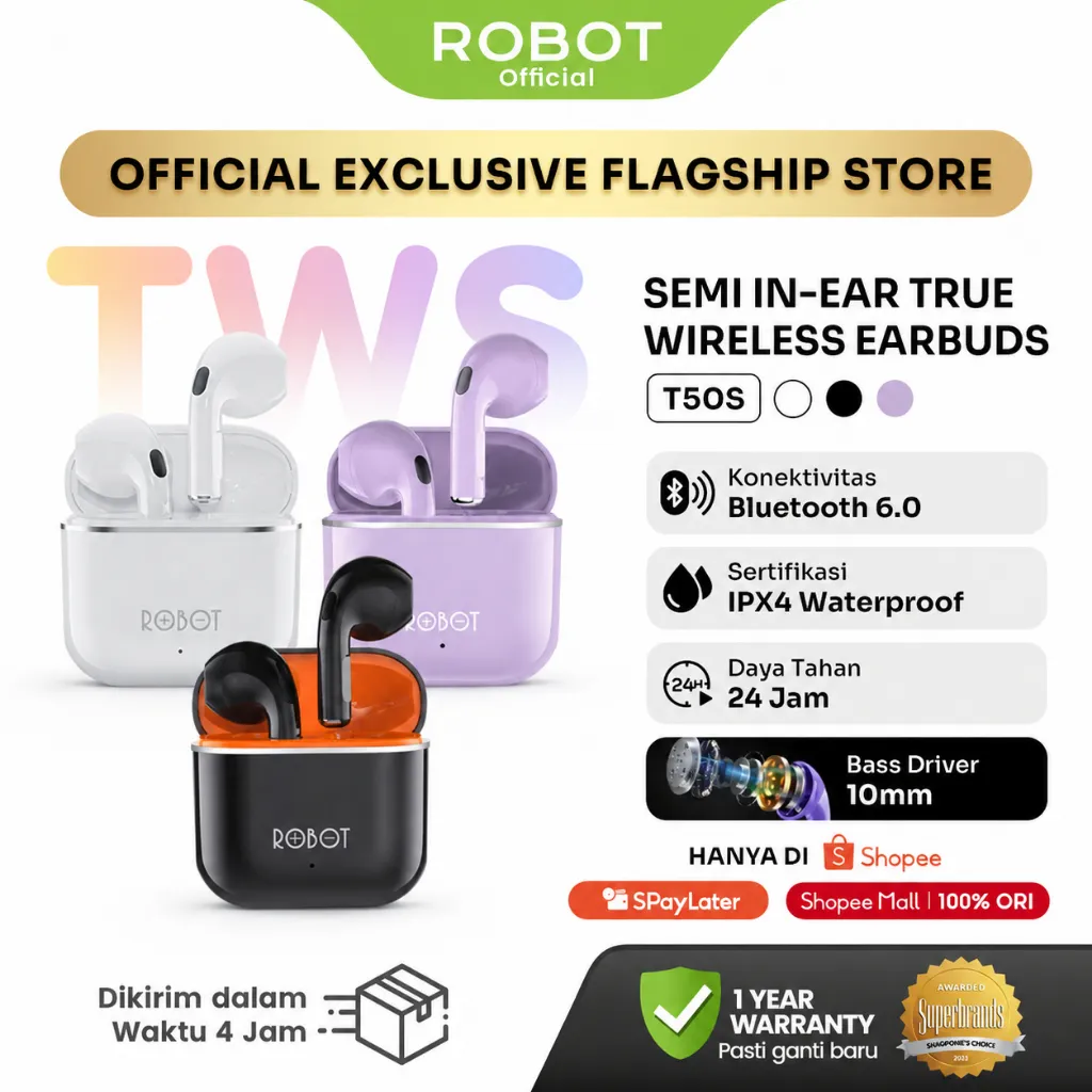 Robot TWS Wireless Earphone Airbuds New T50S Original BT 6.0 True Wireless Headset Bluetooth Earbuds IPX4 WaterProof - Garansi 1 Tahun