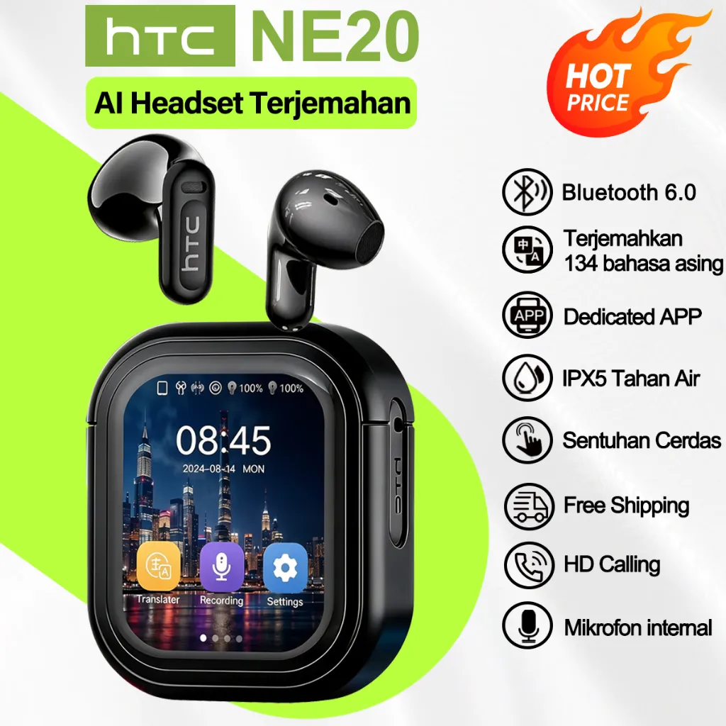 HTC NE20 Headset terjemahan AI True Wireless Bluetooth V6.0 In-Ear earphone MINI earbuds In-Ear TWS dengan layar headset olahraga earphone sport IPX5 HI-FI