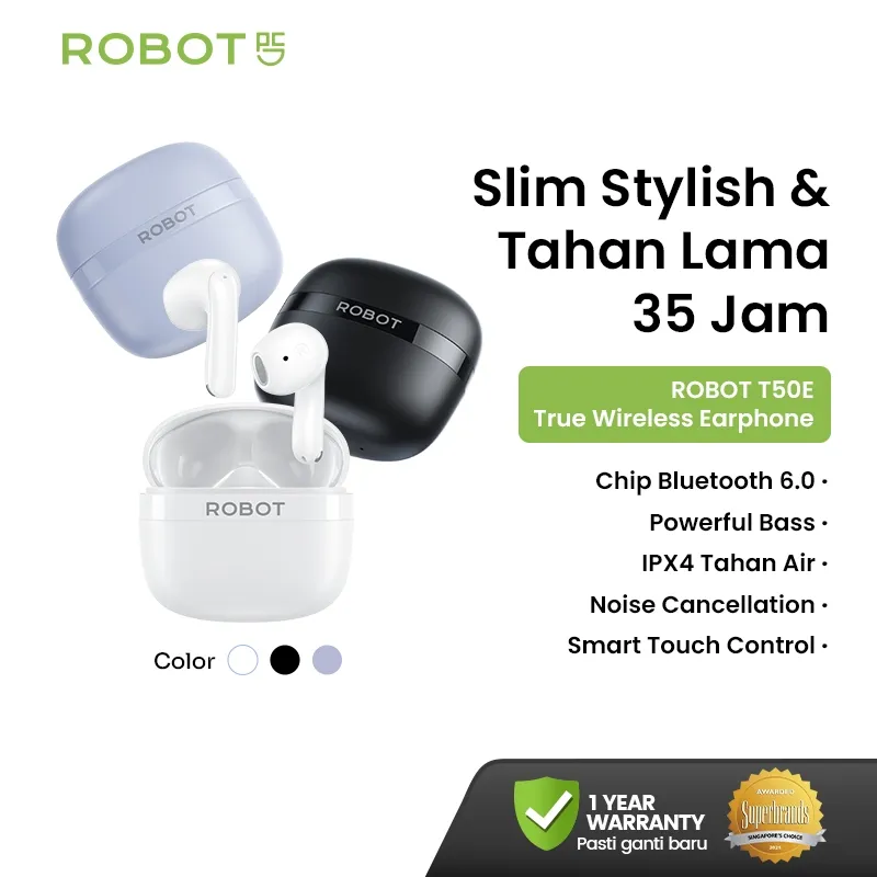 ROBOT TWS Bluetooth Headset Wireless Poweful Bass IPX4 Tahan Air dan Keringat Earphone Earbuds Chip 6.0 Smart Touch Control True Wireless Earbuds Earbuds Waterproof Original Garansi 12 Bulan - T50E