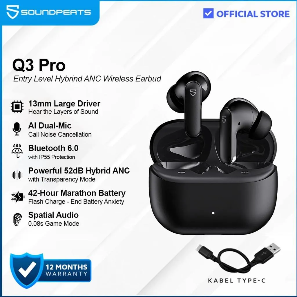 SoundPEATS Q3 Pro True Wireless Earbuds with Powerful 52dB Hybrid ANC
