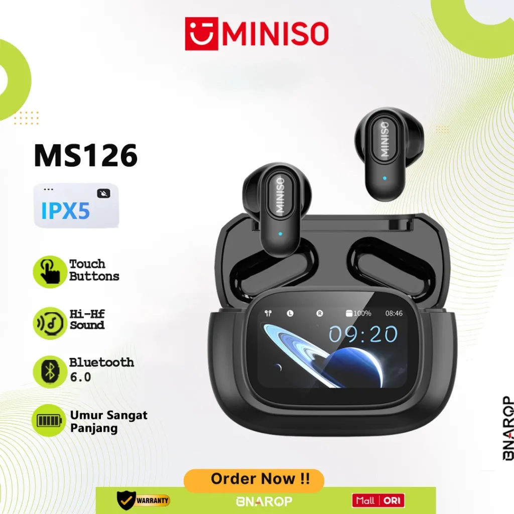 MINISO MS126 True Wireless Bluetooth 6.0 Headset TWS IPX5 Layar LED Earbuds In-Ear Earphone Hi-Hf Sound Terbaru Olahraga Dengan Fitur Peredam Bising  terbaru