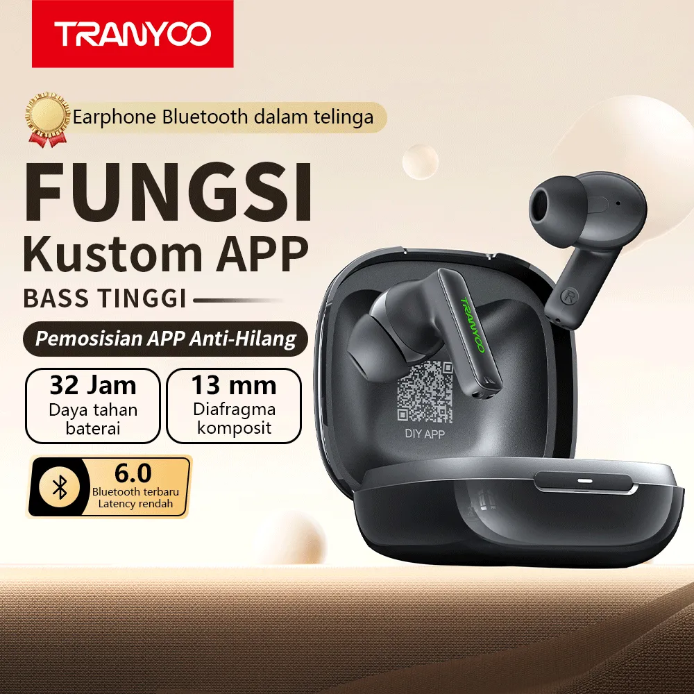 TRANYOO T-M01 Earbuds Bluetooth 6.0, Smart APP Control, Earbuds Locator Function, Dust & Water Removal Tool, TWS True Wireless Design, Powerful Bass, Ideal For Sports & Gaming, Compatible With Android/iOS/iPhone TWS Bluetooth TWS Earphone