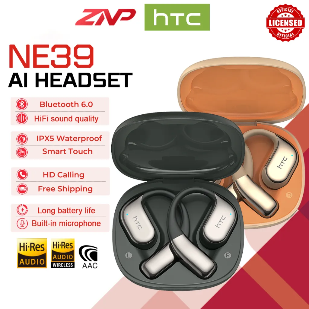 HTC NE39 True wireless Bluetooth Headset V6.0 OWS TWS Open Ear Earphone AI Translate 134 Bahasa IPX5 Earhook olahraga Built-in microphone for high-definition calls Kualitas suara HiFi
