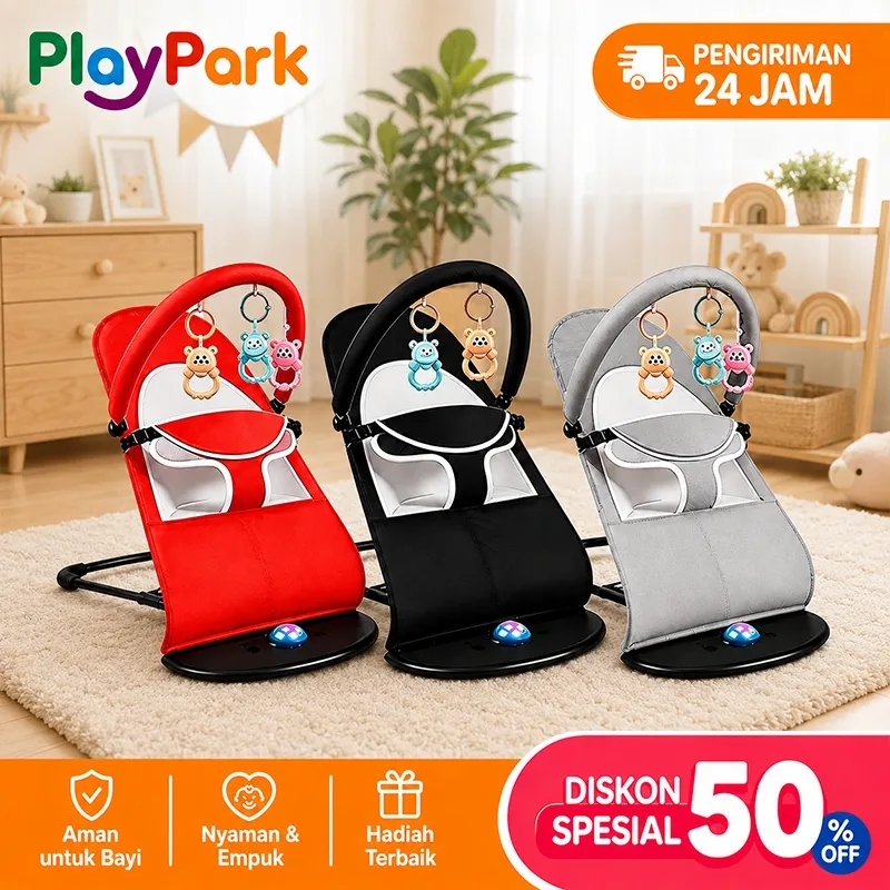 PlayPark Bouncer Bayi Kursi Ayunan Bayi Lipat Nyaman dengan Rak Mainan untuk Bayi Baru Lahir
