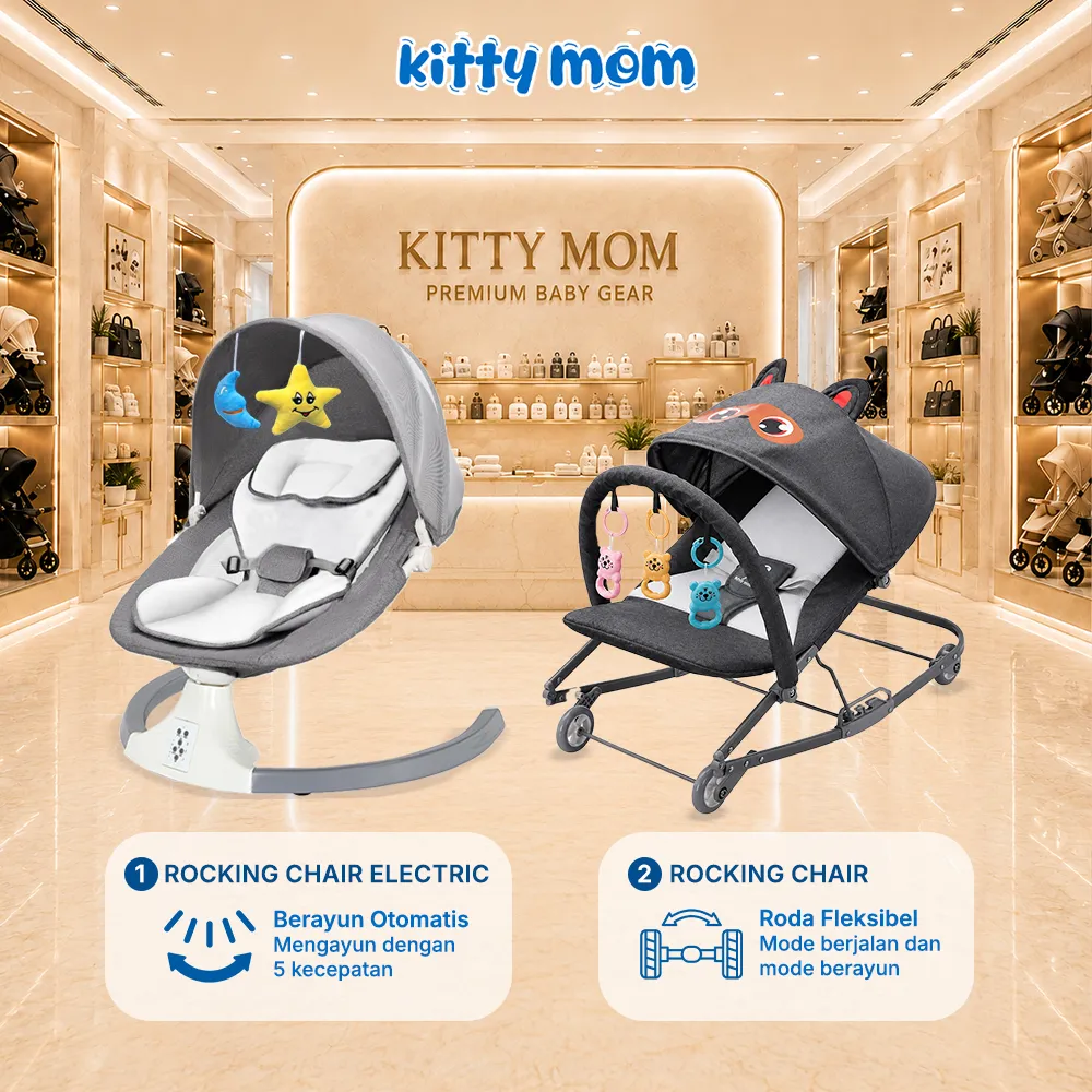 Kitty Mom - Kursi Goyang Ayunan Bayi Lipat Murah Kursi Goyang Portable dengan Remote Wireless & Music Box untuk Newborn 0-2 Tahun 50 Kg | Ayunan Bayi Elektrik | Baby Bouncer | Baby Rocking Chair