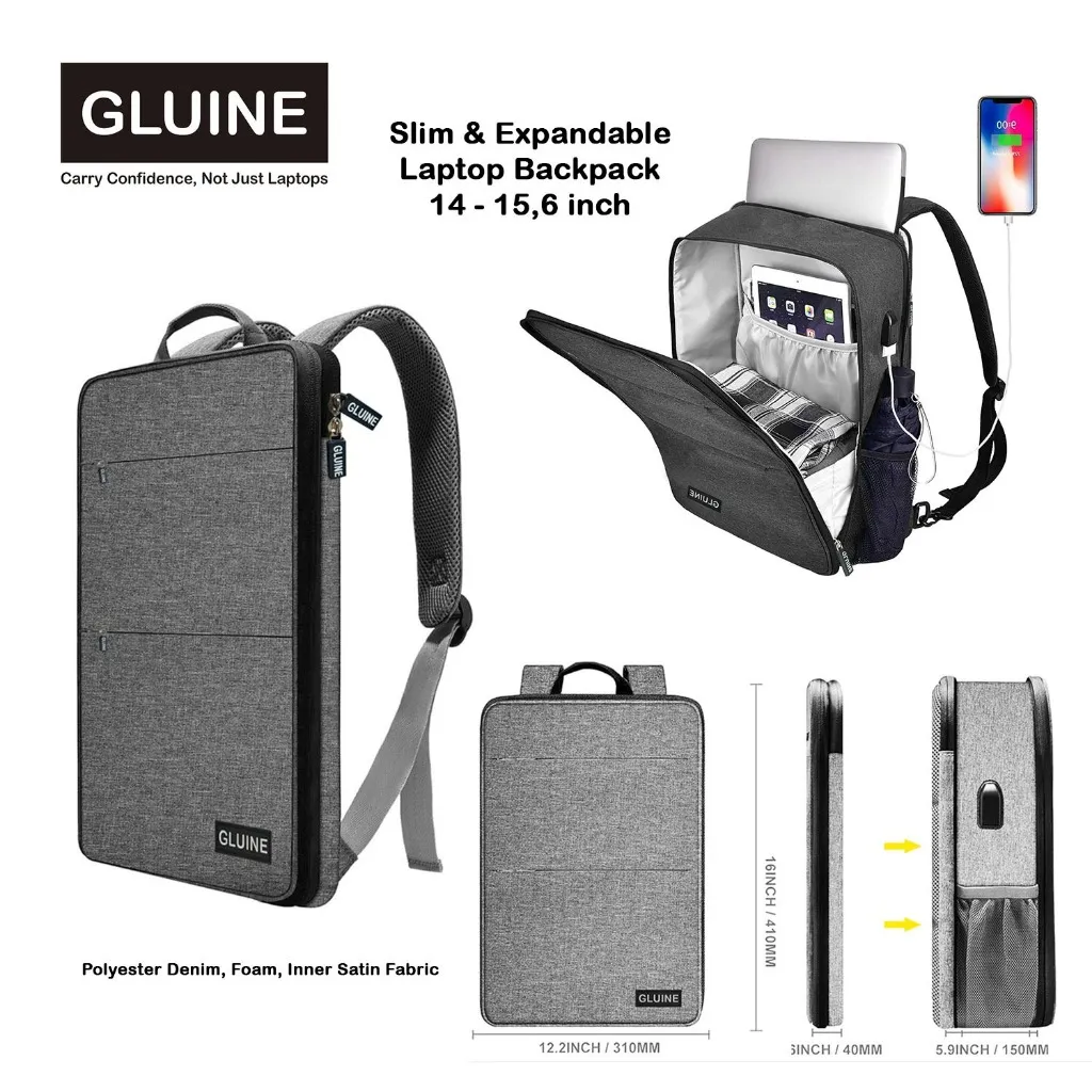 GLUINE 168 Tas Laptop Ramping & Dapat Diperluas / Slim & Expandable Laptop Backpack with USB Port Unisex Size 14 - 15.6 inch