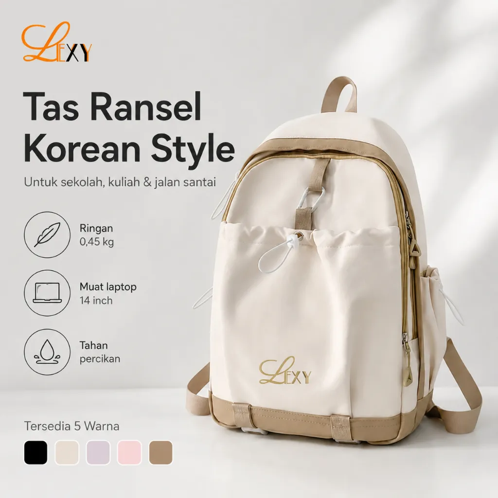 LEXY Tas Sekolah Korean Style Tas Ransel Kuliah Wanita Waterproof Backpack Laptop 14 Inch