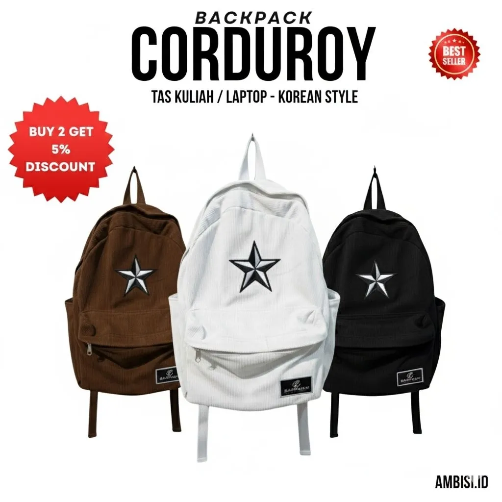 Tas Ransel VINTAGE CORDUROY Aesthetic Unisex backpack bintang -Tas Sekolah/kuliah pria wanita Korea Premium dgn Slot laptop.