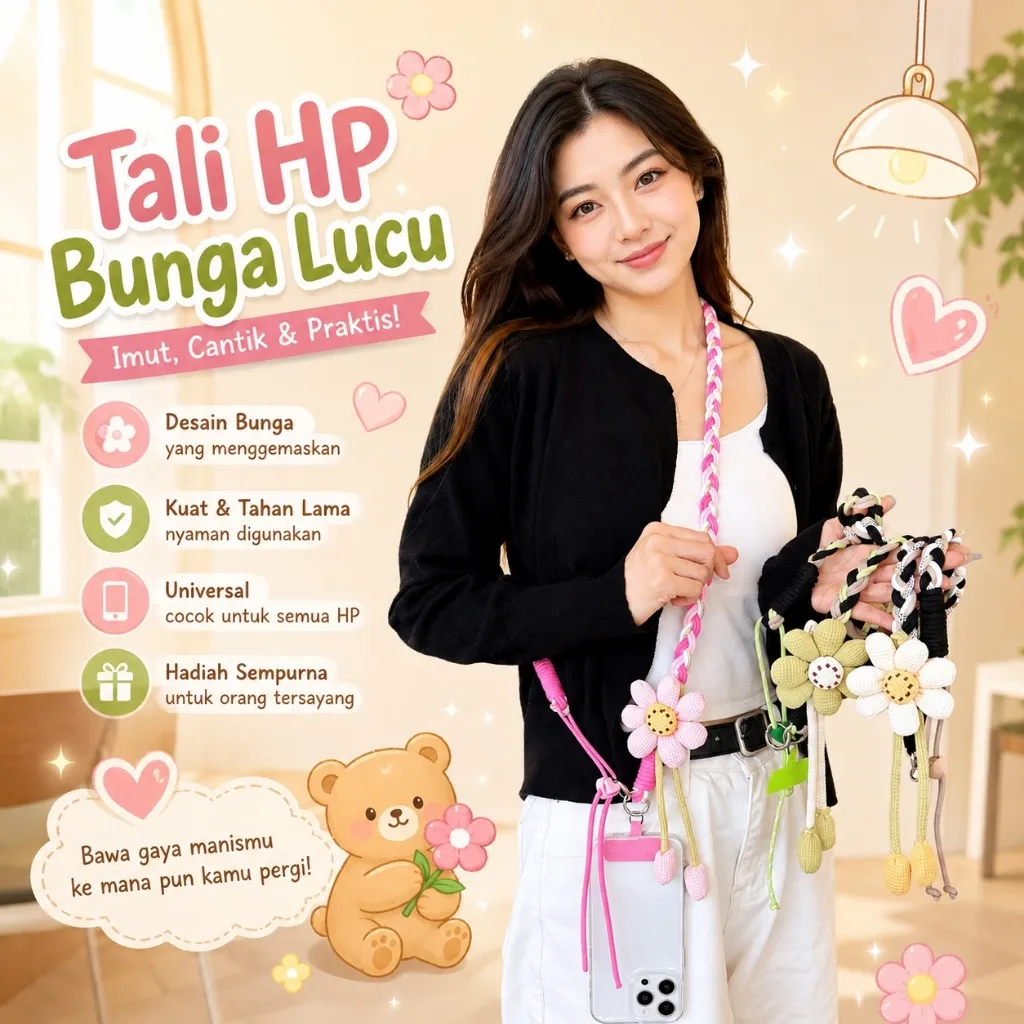 Tali HP Lanyard Universal Bisa Cross-body Motif Flower Gantungan Handphone