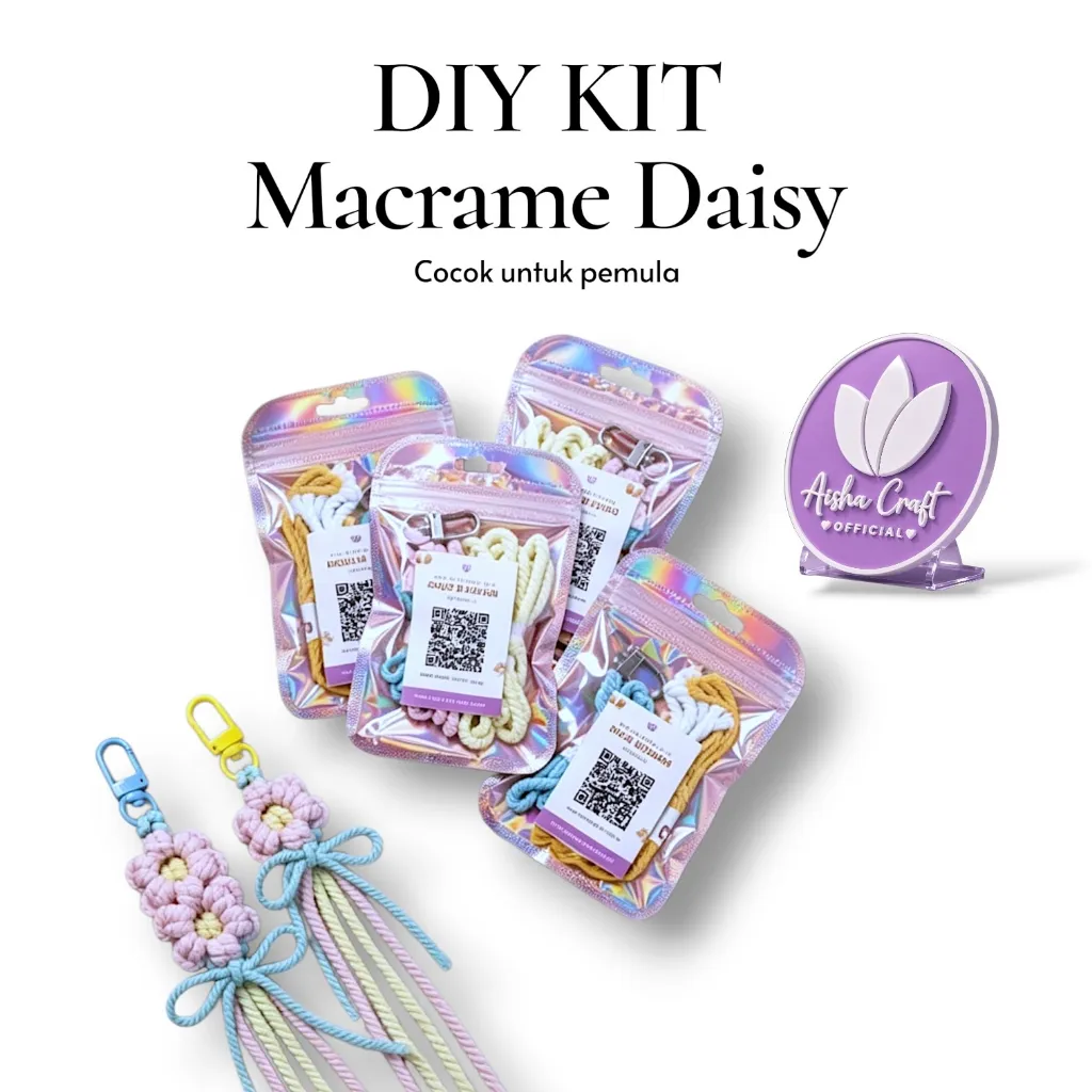 DIY Macrame Keychain/Bagcharm Daisy + Tutorial Dengan Set Bahan Lengkap Kerajinan Tangan by Aisha Craft Official