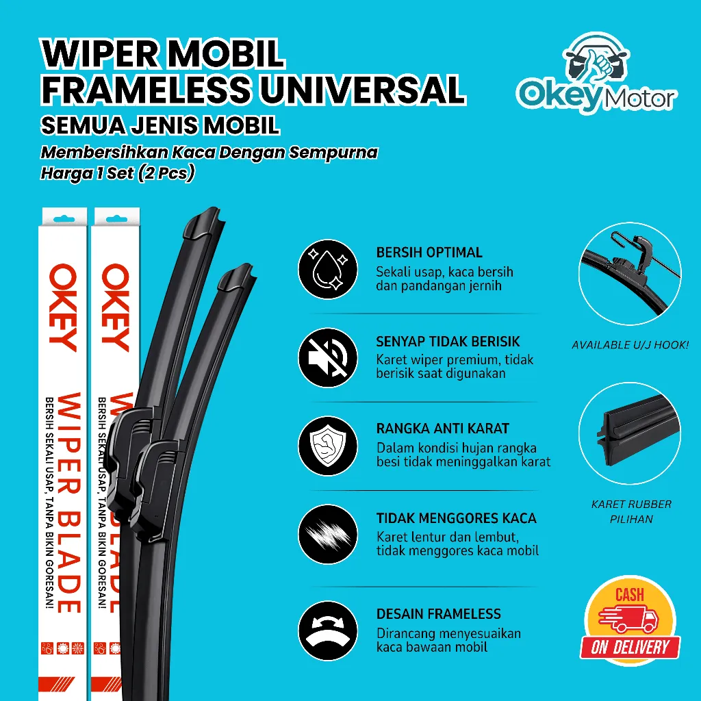 Wiper Mobil Frameless Universal 1 Set Kiri dan Kanan Pembersih Kaca Depan Model Pisang