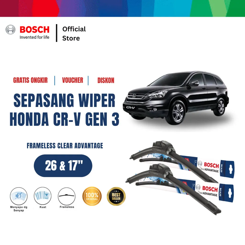 Bosch Sepasang Wiper Mobil Honda CRV Gen 3 Frameless Clear Advantage 26 dan 17 Inci