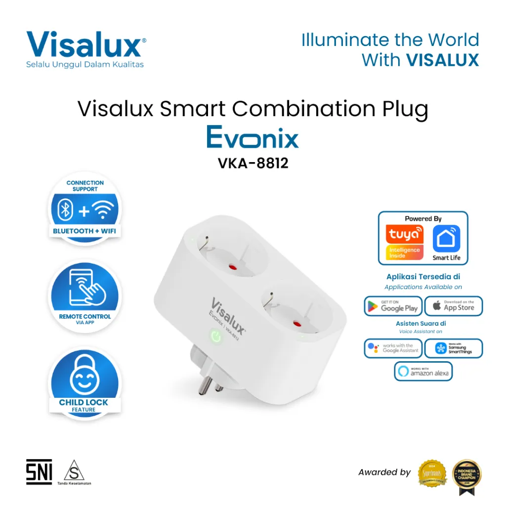 Visalux Evonix Smart Combination Plug 2 Pin Bluetooth + WiFi - 2L (Colokan 2 Lubang) Stop Kontak Kaki 2 Kombinasi Steker Pintar Wireless IoT Smart Home (SMART-VKA8812)