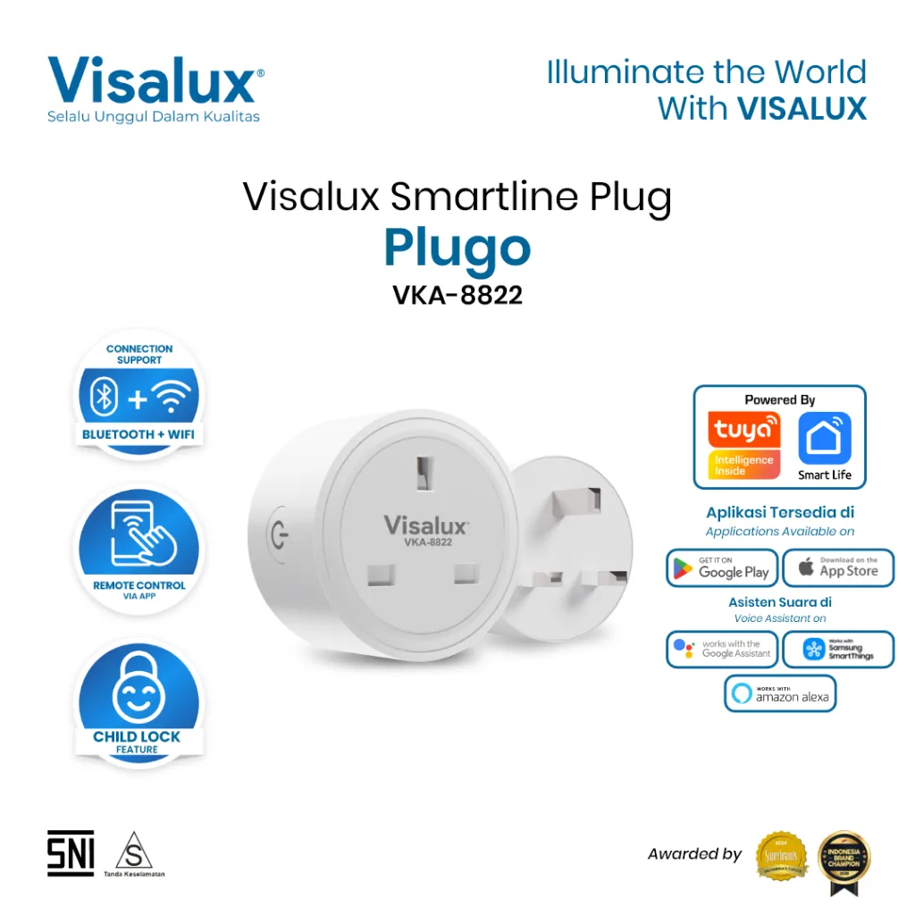 Visalux Plugo Smartline Plug 3 Pin Bluetooth + WiFi - Colokan Stop Kontak Kaki 3 Steker Pintar Wireless IoT Smart Home (SMART-VKA8822)