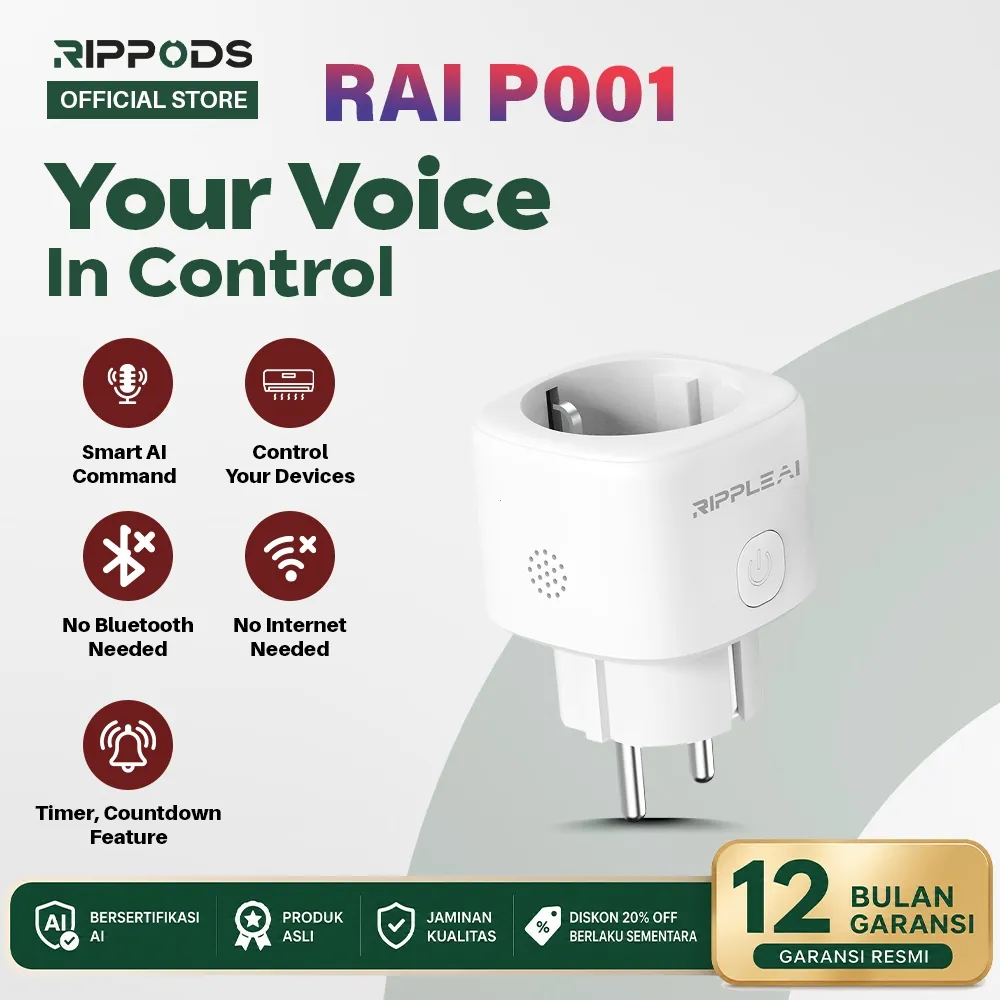 RIPPLE Ai RAI P001 Voice Control Smart Socket Smart Plug 16A Wireless Saklar with Colokan Energy Monitoring Statistic Smart Home Colokan Stop Kontak Timer Colokan Pintar