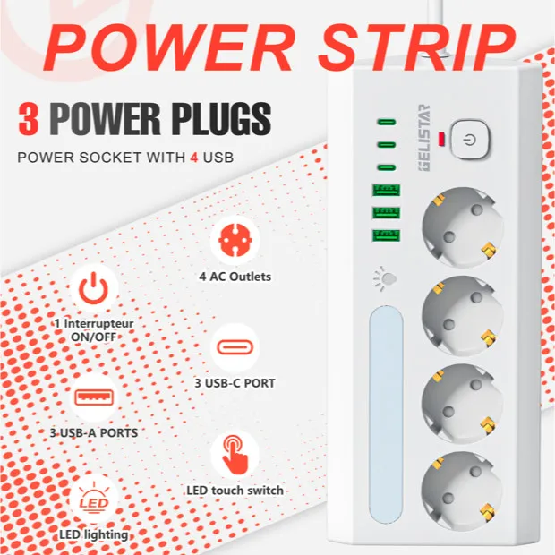 CBL010 Smart Power Strip Stop Kontak 3 USB 3 Type-C Eropa Power Socket Charger Kabel Saklar Independen Colokan Listrik On Off 3 Power Plugs