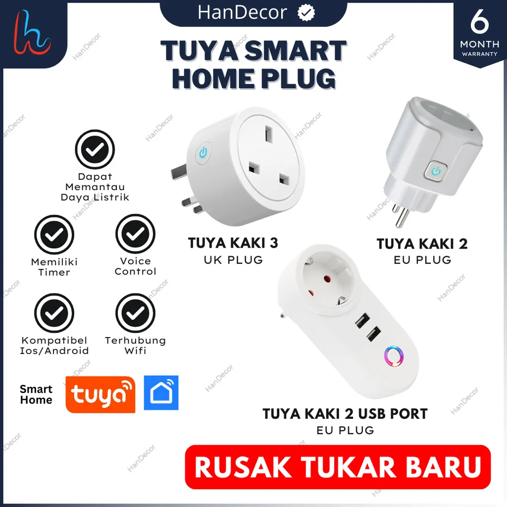TUYA SMART WIFI HOME | PLUG UK 2 PIN - TUYA KAKI 2 USB PORT - TUYA KAKI 3 | TUYA SMART ADAPTOR | SMART HOME ADAPTER