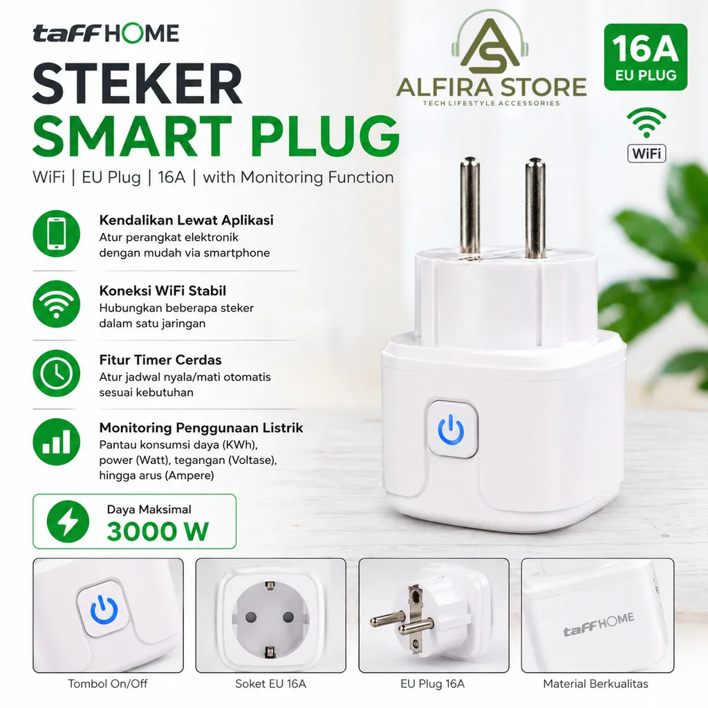 TaffHOME Steker Tuya Smart Plug WiFi EU Plug 16A Monitoring Function Mudah Digunakan