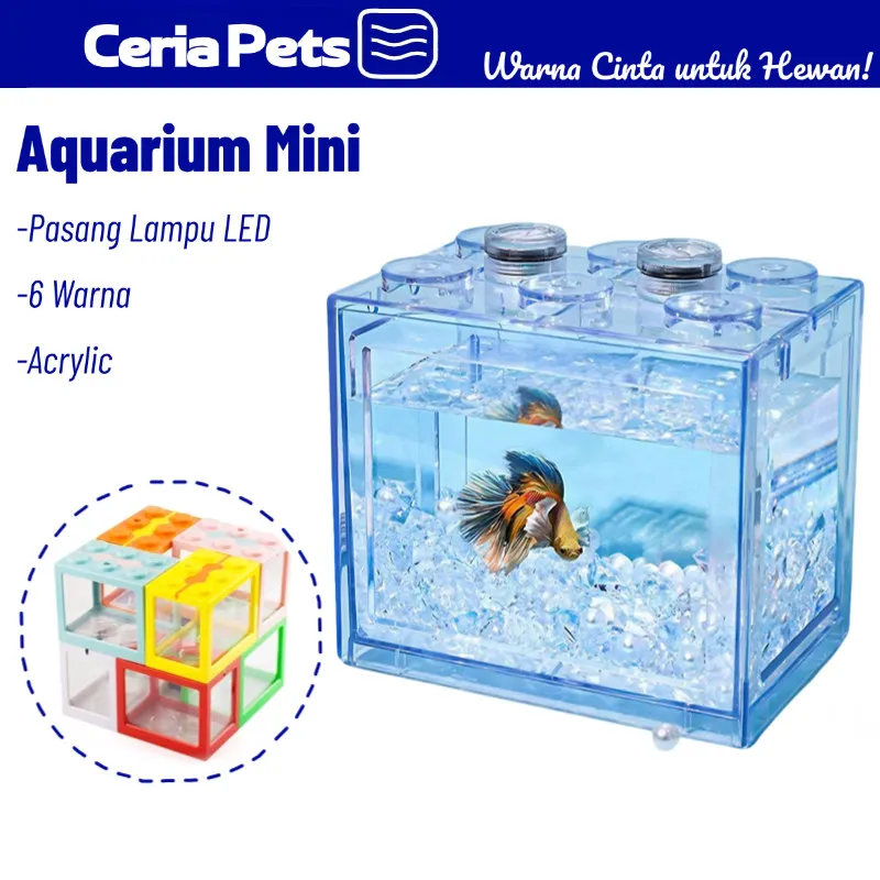 Aquarium Mini Acrylic Akuarium Stackable 6 Warna - Brick Design Lubang Lampu LED, Ukuran 12x10x8cm