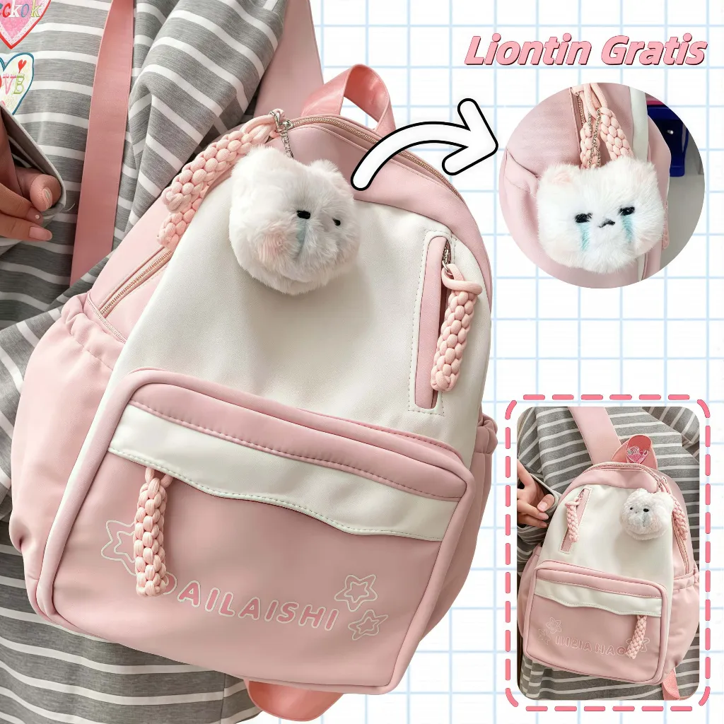 Tas Sekolah Pink Anak Perempuan SMP Tas Sekolah Perempuan Tas Ransel Tas Wanita Fashion Ransel Import Ransel Wanita Korean Style Tas Bahu Korea Import Fashion Warna Tabrakan Kekinian Backpack Liontin Gratis COD