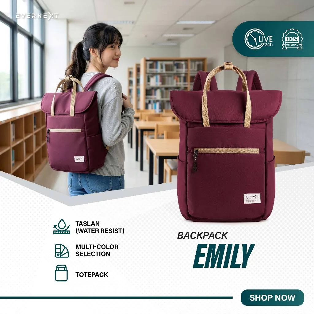 Evernext - Tas Ransel Wanita Tas Sekolah Tas Kuliah Wanita Backpack Emily Tas Punggung Laptop Wanita