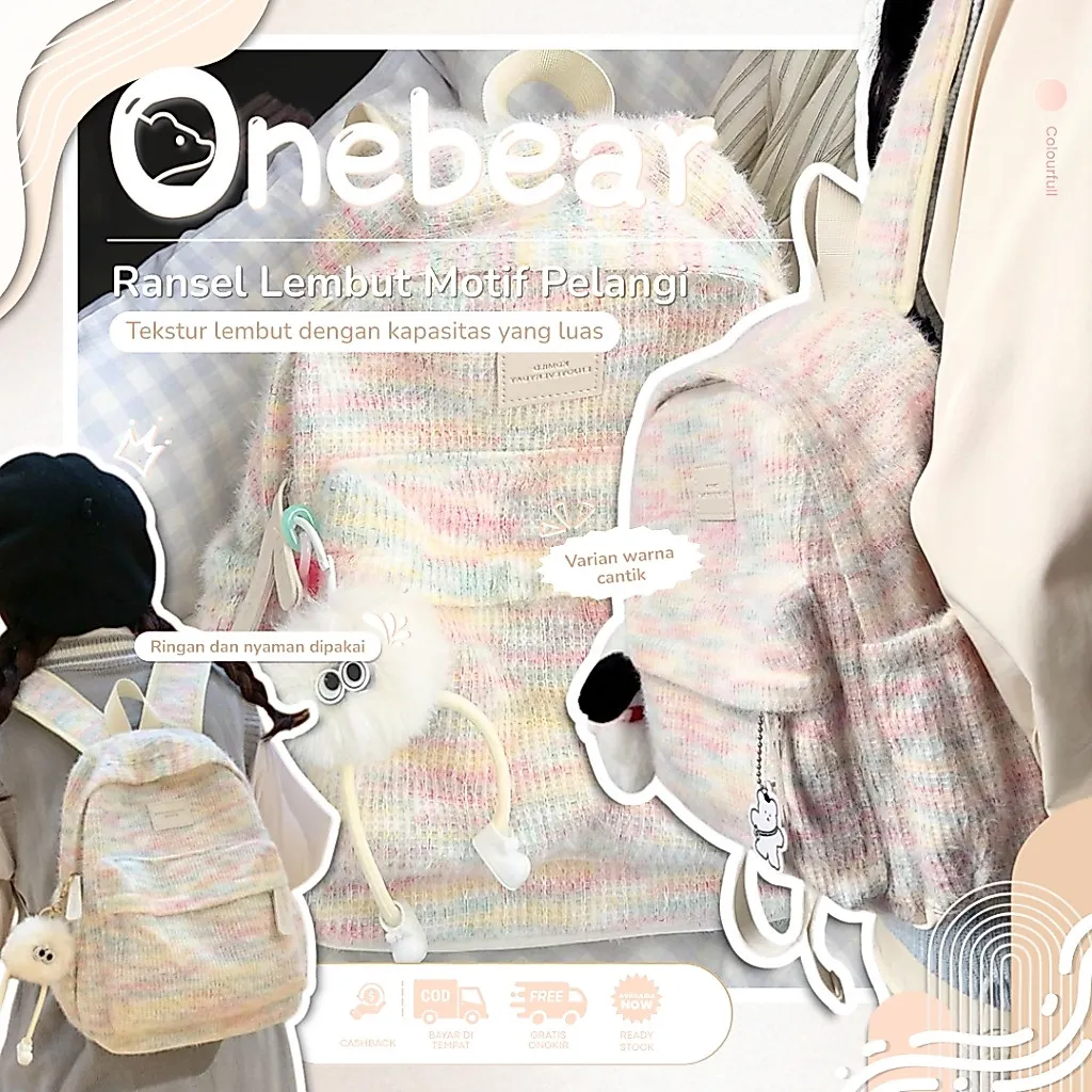 Onebear Tas Sekolah ins lucu Wanita Pelangi Tas Bahu Jepang korea import fashion kuliah  Tas Ransel Warna-warni tas ransel wanita import korea tas sekolah y2k aesthetic school bag tas ransel laptop volume tinggi backpack tas ransel sekolah cewek LM33